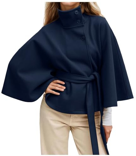 Duohropke Giacca corta di lana da donna cappotto colletto alto trench con cintura maniche a pipistrello poncho mantello elegante giacca invernale cropped cappotto classico pavone capispalla