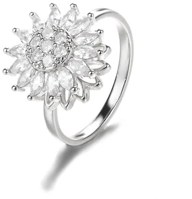 YEDPGUE Anello Anti-Stress Girevole a Forma di Girasole con Strass, Regolabile e Aperto, per Donna - Regalo per Ragazza, Figlia, Mamma o Moglie (Argento)