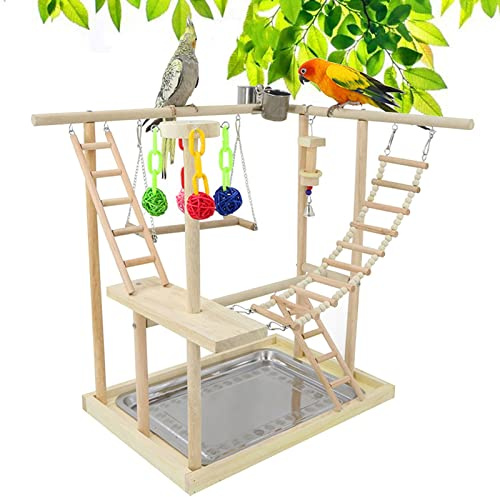 Joyeee Grande parrocchetto parrocchetto parco giochi, con altalena parco giochi, scala in legno, palline colorate in rattan giocattolo per uccelli, vassoio in acciaio inox, 48 x 33 x 54 cm L
