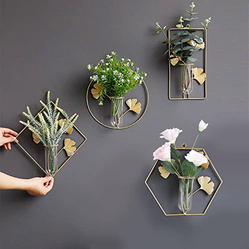 4 Pcs Wall-Mounted Hydroponic Planters, Wall Hanging Planter Containers with Glass Cup Vases, Home Decor Geometric Terrariums, Gift for Home Wedding Outdoor Indoor Centerpieces Decor