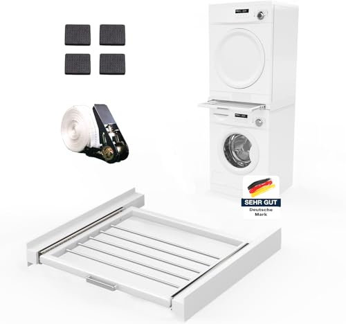 Zwischenbaurahmen mit Ausziehbarem Boden für Waschmaschinen und Trockner Zwischenbaurahmen mit Wäscheleine Stahl (inkl. Zurrgurt) weiß