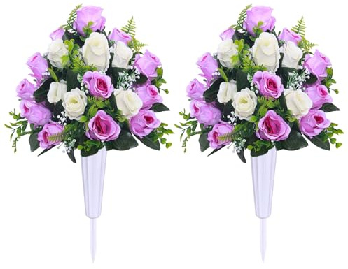 Lodou Artificial Cemetery Flowers,Set of 2 Grave Decorations Roses, Tombstone Memorial Bouquet with Vase for Grave Arrangementss (2, White & Purple)