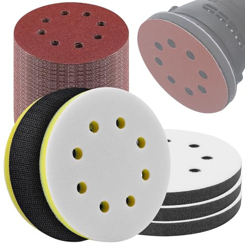 85 Pcs Orbital Sander Pads, 8 Hole 125mm Sanding Discs with Soft Sponge Interface Pad, Hook and Loop Sanding Pads, Impact Resistant Low Noise