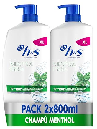 H&S Menthol Fresh Champú Anticaspa 2X800ml Con Dispensador, Para Uso Diario. Hasta 100% De Protección Anticaspa, Clínicamente Probado. Para Todo Tipo De Pelo Y Cuero Cabelludo. Frescor, Aroma A Mentol