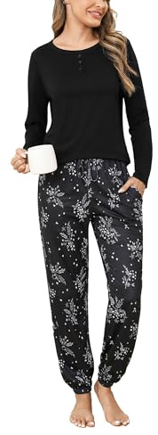 Jahetuul Pyjama Femme Coton Ensemble de Pyjama avec Haut de Couleur Unie et Pantalon Imprimé à Cordon de Serrage Doux et Respirant