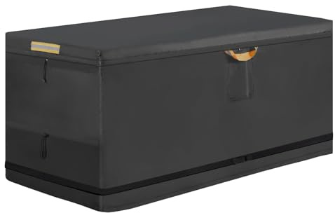 Patio Deck Box Cover with 5.2M Windproof Buckle Strap, Heavy Duty 600D Oxford Outdoor Garden Storage Box Cover with Waterproof Zipper and 2 Reflective Strips, 1 Reflective Handle (63x30x28in)