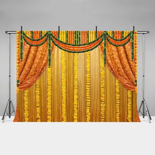 MEHOFOND 2,1 x 1,5 m Mehndi-dekorationer bakgrunder för fotografi ringblomma grön bananblad traditionell Diwalifestival Puja ganpati bakgrund bröllopsfest dekorationer fotorekvisita