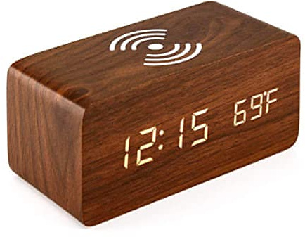 ChicBosomn Bedside Wireless Charging Radio Alarm Clock with Dimmable LED Display Non Ticking Mains Powered Dual Alarm Clock with USB Charger(B)