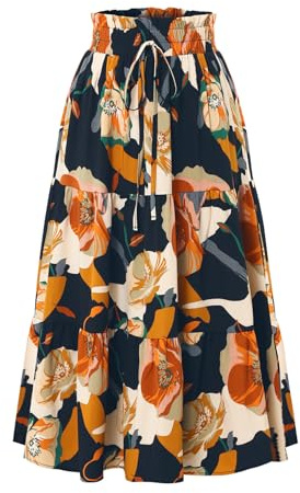 Adigaber Faldas de Mujer Cintura Elástica Faldas Vintage Estampado Floral Volantes A-Línea Faldas a la Pantorrilla con cinturón