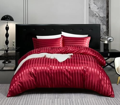 Gezu Bettwäsche Satin 135x200cm 2Teilig Rot Glänzend Silky Touch Einfarbig Bettbezug Seide Glatt Luxus Bettwäsche Glanzsatin Gestreift Muster Einzelbett mit Reissverschluss und 1 Kissenbezug 80x80cm