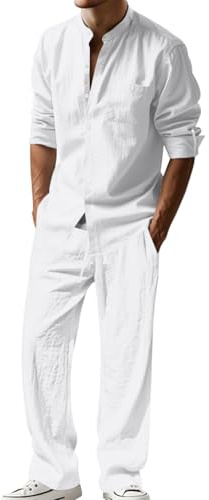 Oanviso Hombre 2 Piezas de Algodón y Lino Mangas Larga Camisa Moda Camiseta + Pantalones Deportivos Pantalón Completo Casual Traje Conjuntos Primavera Verano A Blanco XXL
