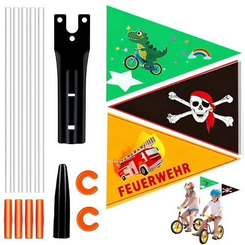 3 Stück Fahrradfahne – Auffälliges Sicherheitszubehör & Deko für Fahrräder mit verstellbarer Wimpelstange, geeignet für Kinderfahrradausstattung (Dinosaurier-Design)