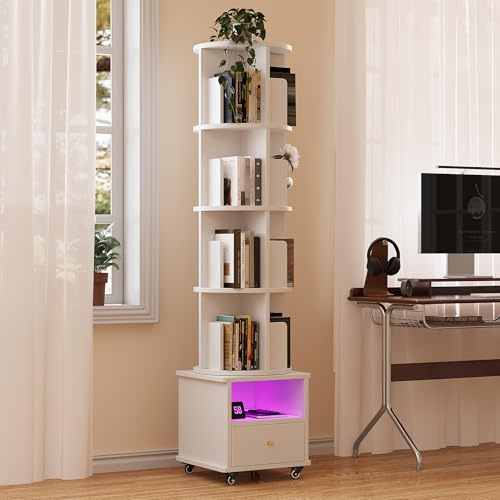 Ztexkee Drehbares Bücherregal auf Rollen,Mobil 4 Böden Standregal 360°-Drehung Lagerregal Bücherregal mit 1 Offene Ablagefächer und 1 Schublade für Wohnzimmer,Schlafzimmer, Arbeitszimmer, Büro Weiß