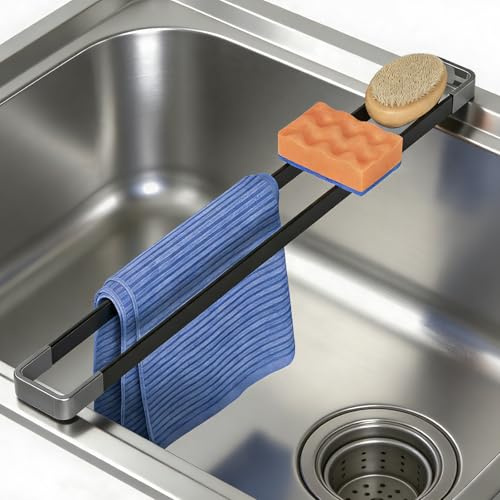 ROEOWENE Soporte para paños de cocina de 43 cm, organizador de esponja, color negro, soporte para paños de cocina, soporte para trapos, almacenamiento, rejilla para paños de cocina, esponjas