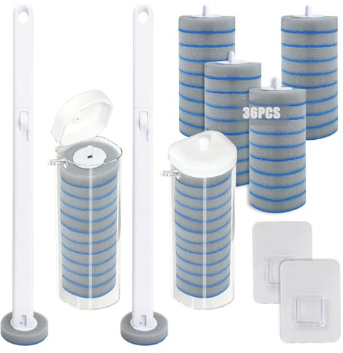 Wiseten Scopino per WC usa e getta, set da 2 spazzole per WC con 36 pezzi di detergente, spugna antibatterica, spazzola per WC per lavabo, vasca da bagno, lavandino
