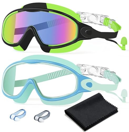 HJZSFVK Swim Goggles 2 Pack Anti-Fog Anti-UV Wide View No Leakage Swimming Goggles for Kids 3-15 with Earplugs