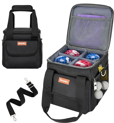 Bonioka Bocce Ball Bag for 8 Balls, Bocce Ball Set Carrying Case with Removable Dividers, Padded Bocce Storage Bag with Shoulder Strap & Mesh Pockets for Lawn Games, Black (Bag Only)