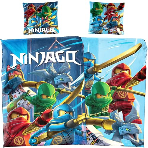 BERONAGE LEGO Ninjago, biancheria da letto con scritta in lingua tedesca Abalita dei dragh, 135 x 200 cm + 80 x 80 cm, 100% cotone renforcé, motivo double-face, Lloyd Kai Jay Arin Sora & Drago, Ryu