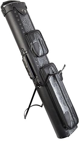 ASKA Hard 4x8 Oval Pool Cue Case, Black Snake Skin Design with Kickstand, Holds Up to 4 Butts and 8 Shafts, Spring-Loaded Felt-Lined Tubes, Heavy-Duty Vinyl (C48P05)