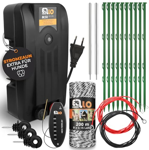 Ellofence Kit complet clôture électrique avec 200 m de fil - Inclut testeur LED, appareil secteur, piquets de clôture, mise à la terre & autres accessoires - Idéal pour petits animaux, chiens & chats