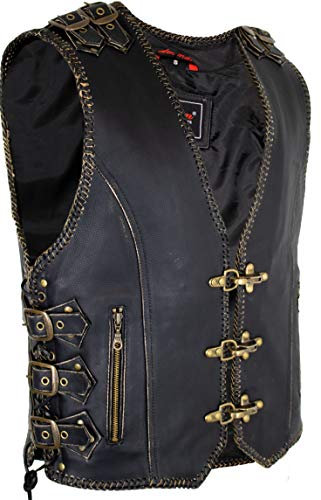 MDM Herren Biker Lederweste mit Messing Schnallen und Karabinern, Vintage Look (Gr. XL)