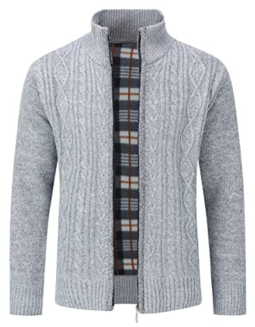 Stickad cardigan för män, tjock tröja, full dragkedja, stående krage, varm jumper, fleecefodrad vinterrock, Ljusgrå, XS