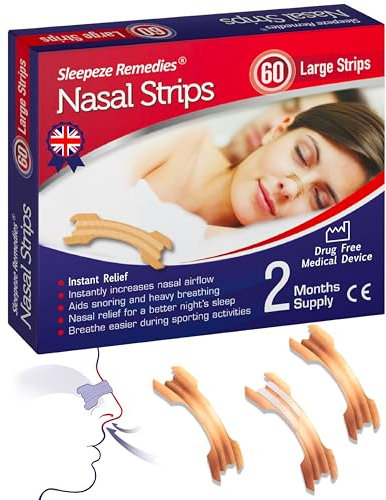 Sleepeze Remedies Cerotti Nasali l Grandi x 60, Cerotti Nasale Antirussamento, Sollievo Congestione, Cerottini Nasali Respira Bene, Non Russare, Cerotto Naso per Sonno e Sport, Nasal Strips Uomo Donna