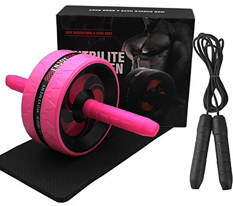 BiJun Ab Roller Wheel for Abs Workout - Complete Home Gym Set with AB Wheel Roller, Knee Mat, and Jump Rope (Pink)