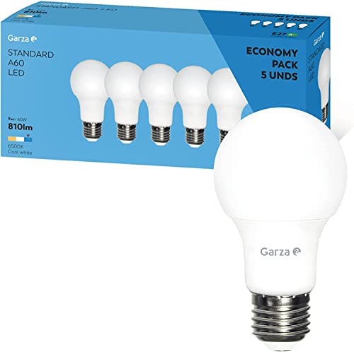 Garza - Pack de 5 Bombillas LED Estándar A60, 9W (equivalente a 60W de incandescencia), Luz fría 6500K, E27 casquillo grueso, Ángulo 240º, 810 lm