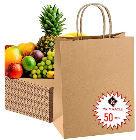 57 Lb Large Kraft Paper Grocery Bags with Handles - 50 Count 12 x 17 x 7 - Durable, Reusable & Eco-Friendly Shopping Bags, Brown Kraft Take-Out Bags for Retail, To-Go, Any Occasion (50, With Handles)
