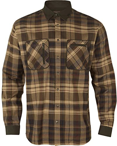 Härkila | Camisa Abotonada Pajala | Camisa de Franela Suave con Refuerzos en los Codos, el Cuello y los Puños | Ropa y Equipamiento de Caza Profesional | Calidad Escandinava | Beige w/Brown, XL