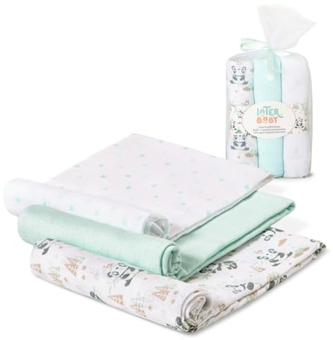 Interbaby Babymussel i bomull 80 x 80 cm | 3-pack nyfödda bebisar, amning, handduk, filt | bekväma babymusslar, mjuka, andningsbara | grön pandadesign