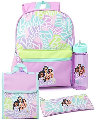 Barbie Girls Backpack Set | Kids 4 Piece Purple Rucksack Bundle with School Bag, Pencil Case, Lunch Bag & Water Bottle | Dolls Classic Logo Graphic Complete Matching Set | Back to School Gifts