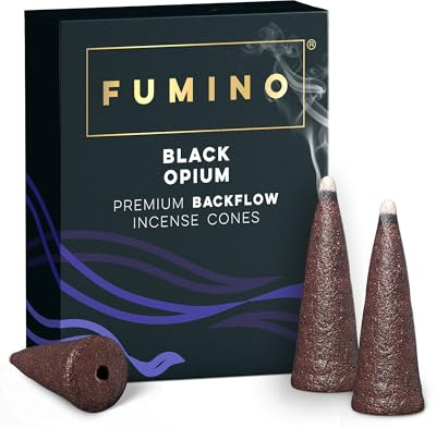 Fumino Black Noir Backflow Incense Cones 15 Pack - Natural Masala Cones for Waterfall Cascade Smoke & Meditation, Deep Woody & Musky Scent, Hollow-Core for Backflow Burners