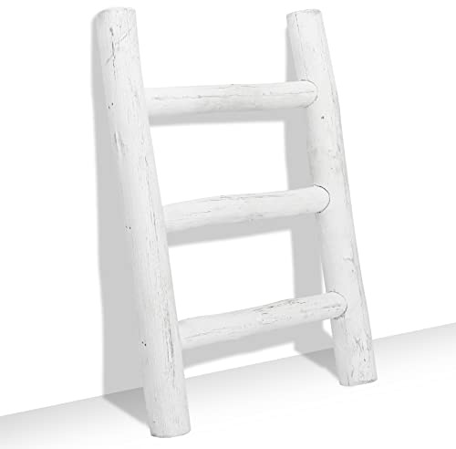 FUIN Tea Towel Ladder, Mini Rustic Solid Wood Decorative Ladder, White
