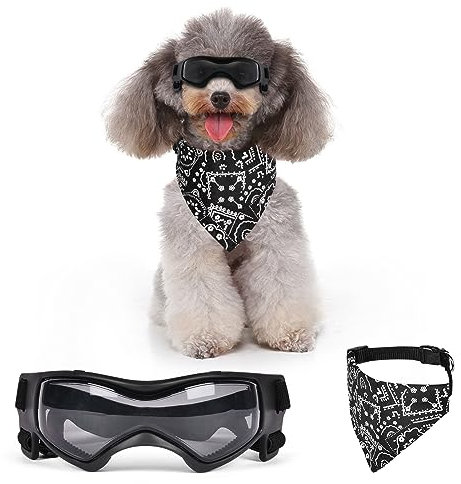 VSSHE Hundebrille,Wasserdicht Hundeschutzbrille mit Hundehalstuch Anti-UV Schutz Hunde Sonnenbrille mit Einstellbar Gummiband Winddichte Schutzbrille Motorradbrille für Kleine Mittelgroße Hunde -M