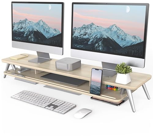 Fenge Dual Monitorständer mit Telefon/Pad Halter, 2 Etagen Groß Computer Bildschirmständer für Laptop/PC/TV/Drucker 108x23,5x14,5cm Tragfähigkeit 50KG (Eiche)
