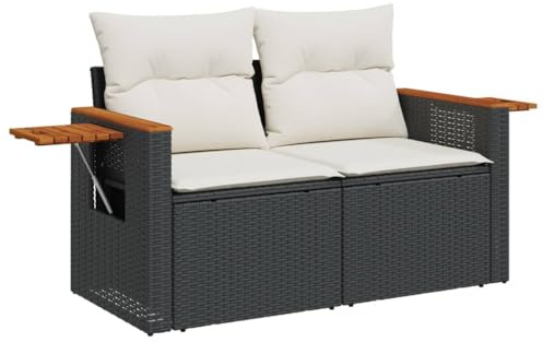 vidaXL Gartensofa mit Kissen 2-Sitzer, Sofa mit klappbaren Ablagen, Terrassensofa mit abnehmbarem waschbarem Bezug, Gartenmöbel Terrassenmöbel, Schwarz Poly Rattan