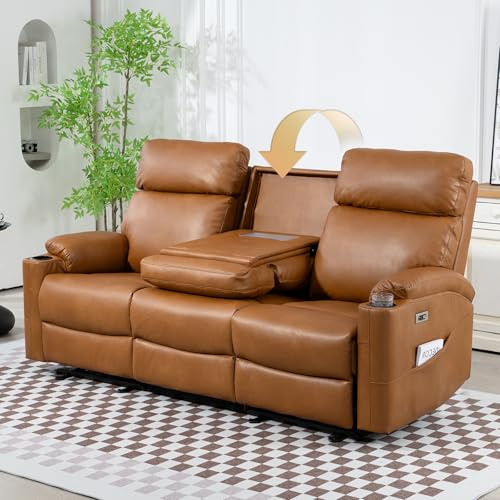 B BAIJIAWEI Power Reclining Sofa - 3 Seater Recliner Sofás, PU Leather Sofa, Home Theater Seating with Flipped Middle Backrest, Power Recliner Couch for Living Room(Brown)