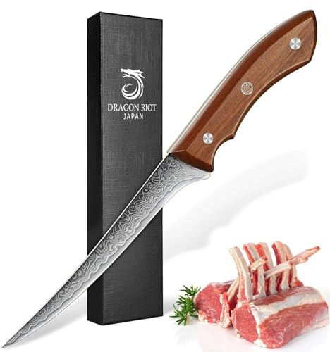 DRAGON RIOT Damascus Boning Knife 6 inch, Professional VG-10 Steel Japanese Fillet Knife, Flexible Deboning Knife,Kitchen Trimming Knife with Ergonomic Wood Handle, Premium Gift Box