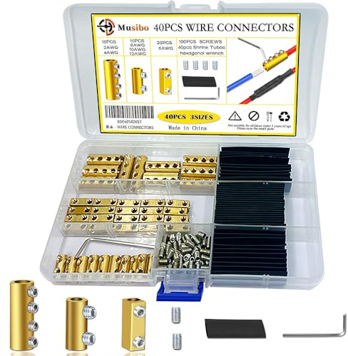 40pcs 6, 8, 10 AWG Wire Connectors, Quick Wiring Connection Terminal, Circuit Connector Wire Connector with 100 Screws, 40 Heat Shrink Tube & Wrench, for Household appliances and The Power Industry.
