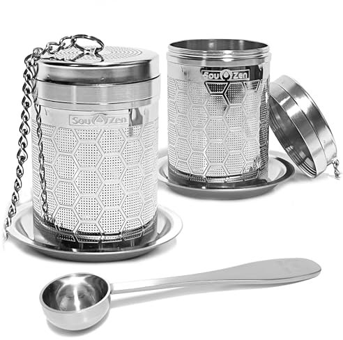 Sou Zen Tea Infuser (2 Pack & Teaspoon Scoop) | Extra Fine Hex Mesh Loose Leaf Tea Strainers | 304 Stainless Steel Tea Steeper with Extended Chain Hook | Perfect for Brewing Loose Tea, Herbs & Spices