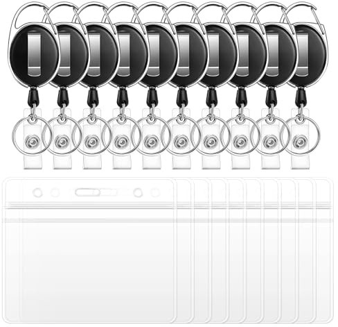 JEFURE Llavero Retractil Pack de 10, Llavero Extensible Retractil con Funda Tarjeta Identificación, Llavero Extensible con Cordón Extensible de 63 cm, Llavero Retractil Tarjetas