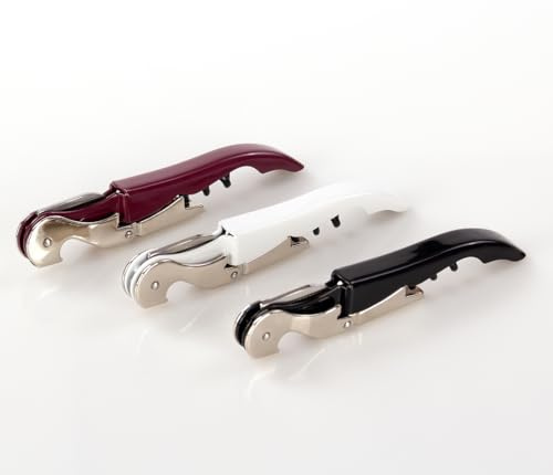 Qpractiko - Sacacorchos Camarero CorkMaster Pro | Diseño Ergonómico | Espiral de Teflón Antiaderente | Cuchilla de Sierra y Abridor de Chapas | Acero Inoxidable, Set 3 unds. (Blanco, Burdeos y Negro)