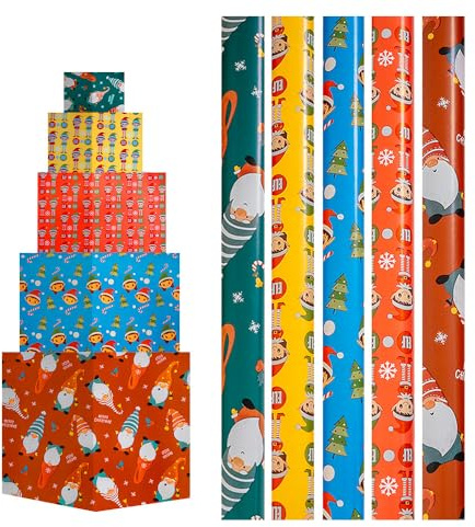 H HANSEL HOME Pack 5 Rollos Papel de Regalo 70x200cm – Diseños con Papá Noel, Elfos y Árboles – Papel Grande y Resistente para Envolver Regalos de Cumpleaños, Navidad y Fiestas
