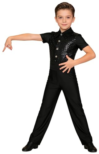 inhzoy Camicia Body Ballo Latino Americano Bambini e Ragazzi Body da Ginnastica Artistica Manica Corta Tuta Intera da Pattinaggio Artistico Jumpsuit con Paillettes Dancewear Nero 11-12 anni