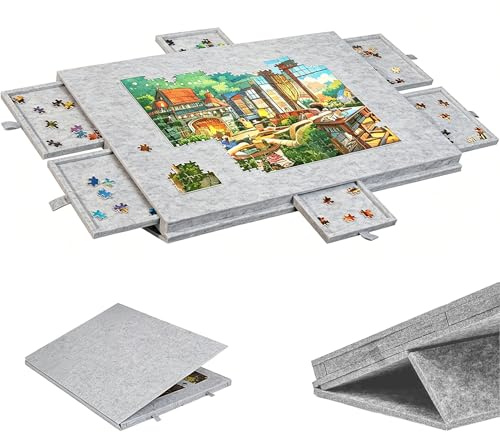 Kortemora Jigsaw Puzzle Board with 6 Sorting Drawers, 2-in-1 Stand & Protective Cover, Lightweight Felt Puzzle Table for 1000 Pieces, Portable Puzzle Mat with Tilt Function, Silver Grey, 77 x 53.6 cm