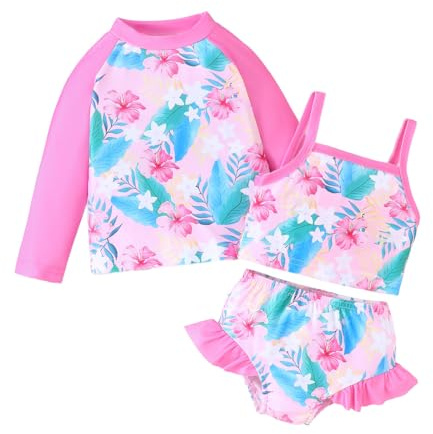 JENJON småbarn flicka 3-delad rashguard baddräktsset långärmad badmode tankini UPF solskydd för sommar badkläder 12 månader – 5 år, Rosa blommor, 18-24 månader