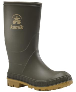Kamik Stomp Rain Boot for Kids - Waterproof and Warm Felt Footbed Designed for Rainy Day Adventures, Olive - 4 Big Kid