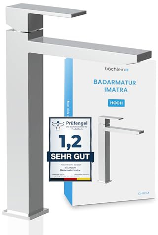 Bächlein High Faucet for Bathroom [Angular - Chrome] - Extra High Tap with 215mm Spout Height for Countertop Washbasin, Washbasin Water Tap High Spout